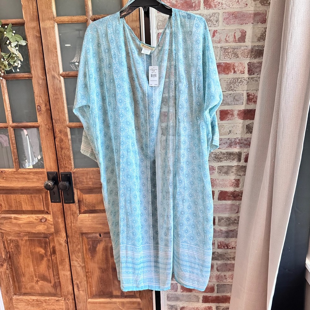 Sweet Magnolia Duster Kimono Women Green Mixed Floral Mandala Sheer Boho OS